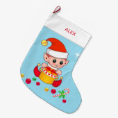 Kerstelf met kerstballen op lichtblauw grote kerstsok (Voorkant (Hangend))