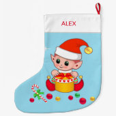 Kerstelf met kerstballen op lichtblauw grote kerstsok (Achterkant)