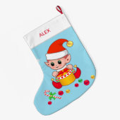 Kerstelf met kerstballen op lichtblauw grote kerstsok (Achterkant (Hangend))