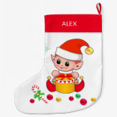 Kerstelf met kerstballen op wit grote kerstsok (Achterkant)