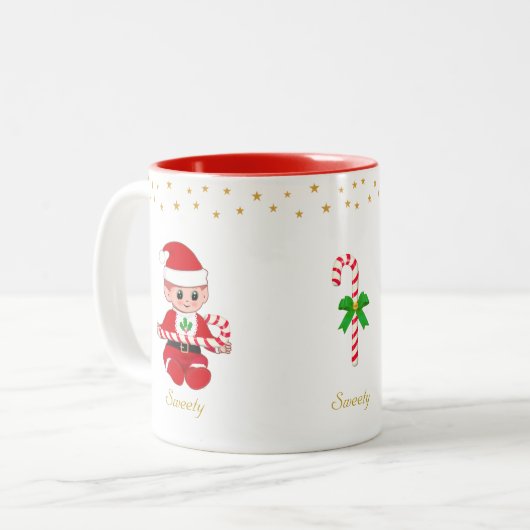 Kerstelf met snoepriet, gouden sterren en tekst tweekleurige koffiemok (Voorkant links)