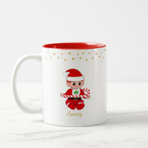 Kerstelf met snoepstok, gouden sterren & tekst tweekleurige koffiemok