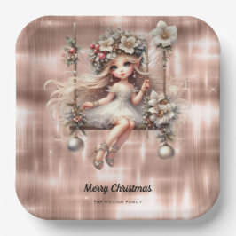 Kerstelf op glanzende roze gouden achtergrond papieren bordje