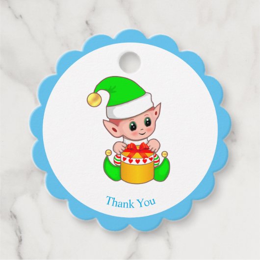 Kerstelf op lichtblauw en wit Dank u Bedankjes Labels (Voorkant)