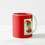 Kerstelf op rode  tweekleurige koffiemok (Voorkant rechts)