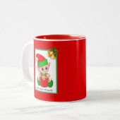Kerstelf op rode  tweekleurige koffiemok (Voorkant links)