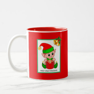 Kerstelf op rode  tweekleurige koffiemok