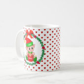 Kerstelf, pijnbomen, rode ballen en harten koffiemok (Voorkant links)