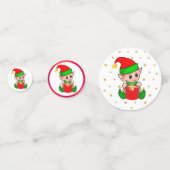 Kerstelf, pijnbomen, rode ballen en sterren confetti (Voorkanten)