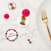 Kerstelf, pijnbomen, rode ballen en sterren confetti (Groep)