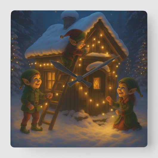 Kerstelf Scene – Prettig Kerstfeest! Vierkante Klok (Voorkant)