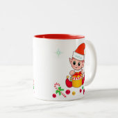 Kerstelf, snoepriet en kerstballen tweekleurige koffiemok (Voorkant rechts)