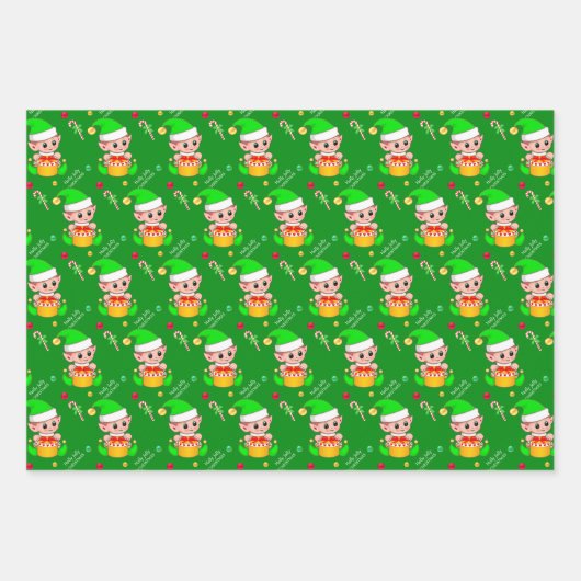 Kerstelf, snoepstok, confetti op groen en rood inpakpapier vel (Voorkant 2)