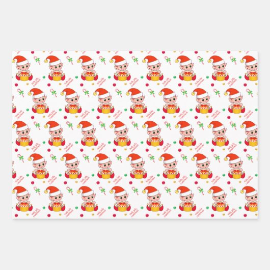 Kerstelf, snoepstok, confetti op groen en rood inpakpapier vel (Voorkant)