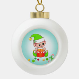 Kerstelf, snoepstok en confetti op turkooisblauw keramische bal ornament