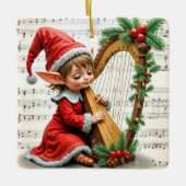 Kerstelf speelt op een harp keramisch ornament (Voorkant)