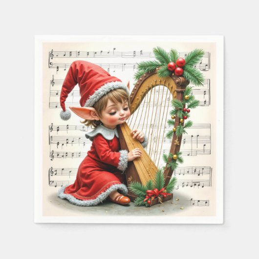 Kerstelf speelt op een harp servet (Voorkant)