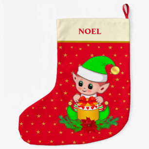 Kerstelf, sterren, poinsettia & dennenboom op rood grote kerstsok