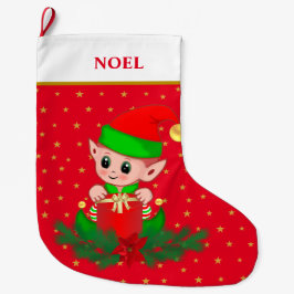 Kerstelf, sterren, poinsettia en dennenboom op roo grote kerstsok