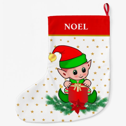 Kerstelf, sterren, poinsettia en dennene grote kerstsok (Achterkant)