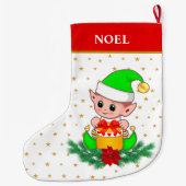 Kerstelf, sterren, poinsettia en dennenwaren op wi grote kerstsok (Achterkant)