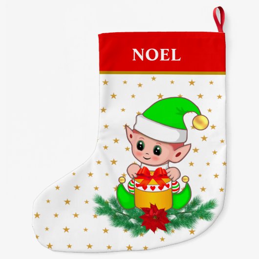 Kerstelf, sterren, poinsettia en dennenwaren op wi grote kerstsok (Achterkant)