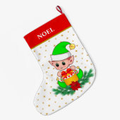 Kerstelf, sterren, poinsettia en dennenwaren op wi grote kerstsok (Achterkant (Hangend))