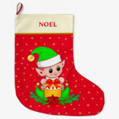 Kerstelf, sterren, poinsettia en pijnbomen op rood grote kerstsok (Voorkant)