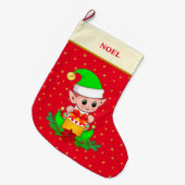 Kerstelf, sterren, poinsettia en pijnbomen op rood grote kerstsok (Voorkant (Hangend))