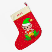 Kerstelf, sterren, poinsettia en pijnbomen op rood grote kerstsok (Achterkant (Hangend))