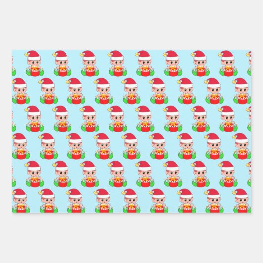 Kerstelf, sterrenpatroon en snoepsnoeren op rood inpakpapier vel (Voorkant)