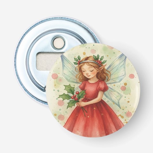 Kerstelf Watercolor Kunst Button Flesopener (Voorkant)