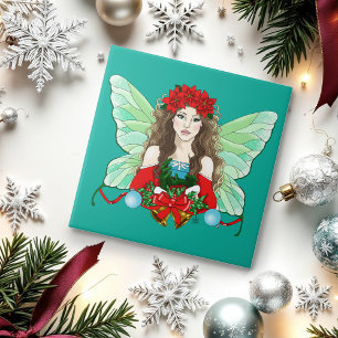 Kerstelfen Fantasie Hulst Bellen Poinsettia's Tegeltje
