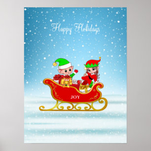 Kerstelfen op slee met cadeaus poster