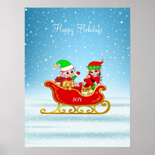 Kerstelfen op slee met cadeaus poster (Voorkant)