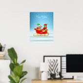 Kerstelfen op slee met cadeaus poster (Thuiskantoor)
