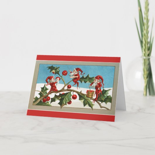 - Kerstelfen schilderen Holly Berries, Feestdagen Kaart (Voorkant)