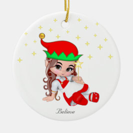 Kerstelfje gekleed in rood en sterren keramisch ornament