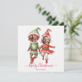 Kerstelfjes koppel feestdagenkaart (Staand voorkant)