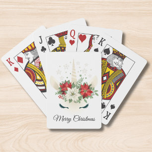 Kerstelijke Eenhoorn met Bloemen   Prettig Kerstfe Pokerkaarten