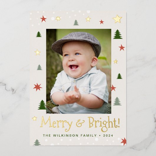 Kerstelijke en heldere kerst dennen sterren aangep folie feestdagenkaart (Voorkant)