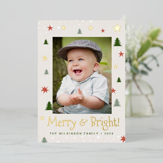 Kerstelijke en heldere kerst dennen sterren aangep folie feestdagenkaart (Staand Voorkant)