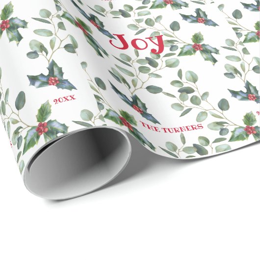Kerstelijke feestelijke hulstbes vreugde vakantie  cadeaupapier (Rol Hoek)