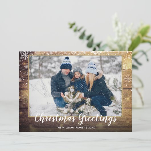 Kerstelijke groet foto landelijke houtstijl feestdagenkaart (Staand voorkant)