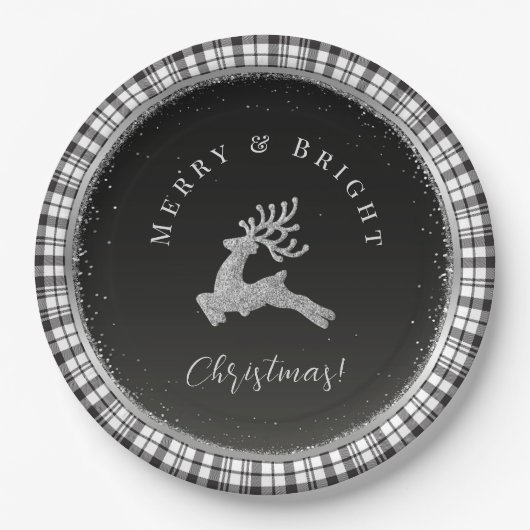 Kerstelijke herten met zwart-wit ruitpatroon papieren bordje (Voorkant)