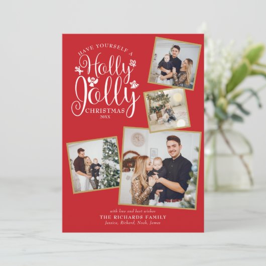 Kerstelijke Hulst Jolige Foto Collage Feestdagenkaart (Staand voorkant)
