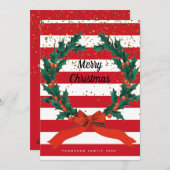 Kerstelijke hulstbesjes krans strepen feestdagenkaart (Voorkant / Achterkant)