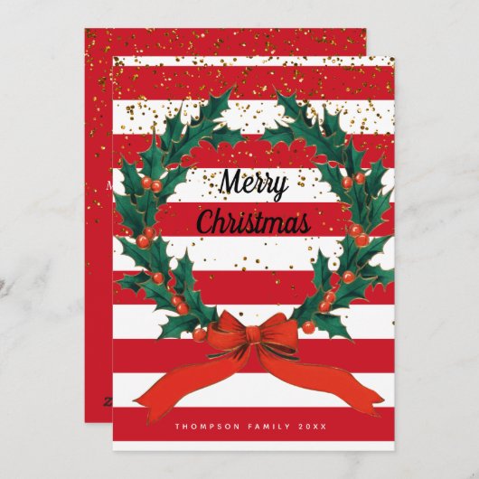 Kerstelijke hulstbesjes krans strepen feestdagenkaart (Voorkant / Achterkant)