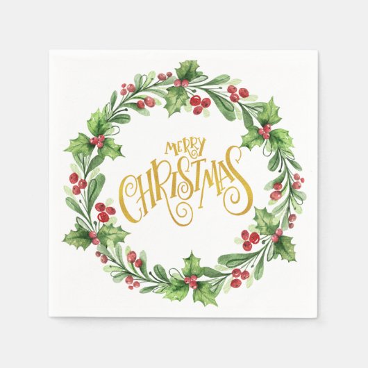 Kerstelijke hulstkrans - Goud Folie Prettig Kerstf Servet (Voorkant)