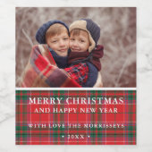 Kerstelijke Plaid Rode Groene Foto Wijn Etiket (Enkel label)